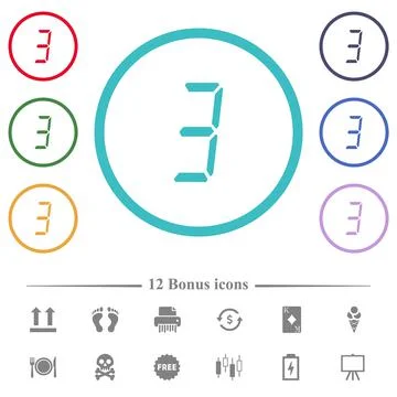 Digital number three of seven segment type flat color icons in circle shape o Illustrazione stock