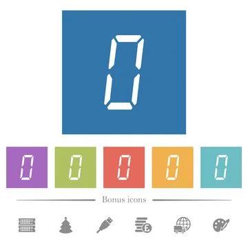 Digital number zero of seven segment type flat white icons in square backgrou Stock Illustration