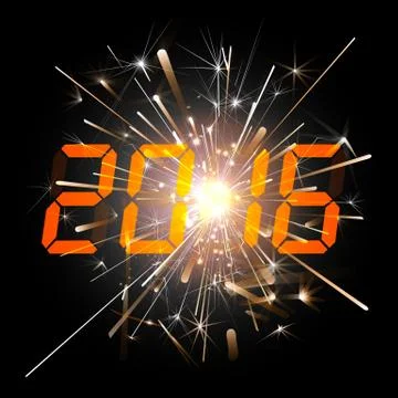 Digital numbers 2016 year time on a colorful firework background Illustrazione stock