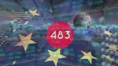 Digital numbers in circle with code, map, stock market ticker over european Video stock 326750580