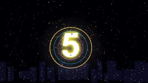 Digital numbers count down in futuristic neon circles against dark tech cit.. Видео 347742558
