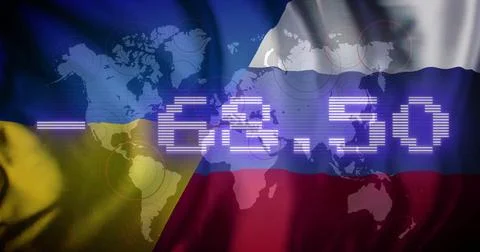 Digital numbers image over Ukraine and Russia flags with world map background Ilustração Stock