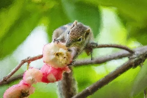 Digital oil painting of a squirrel eating a fruit on a tree branch Stock Photos