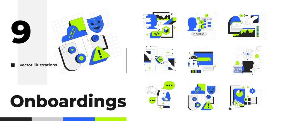 Digital onboarding workflow and UI cartoon flat illustrations bundle Illustrazione stock