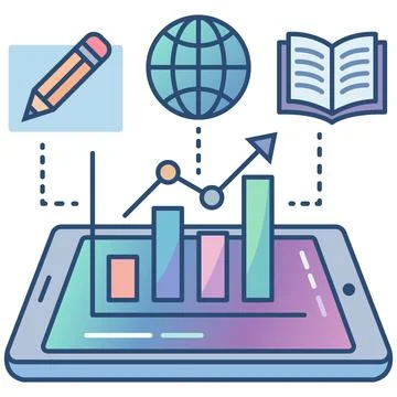 Digital online learning tablet with growth chart flat outline icon. Stock Illustration