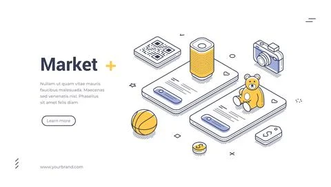 Digital Online Market Isometric Vector Illustration Web Banner Template Desig Stock Illustration