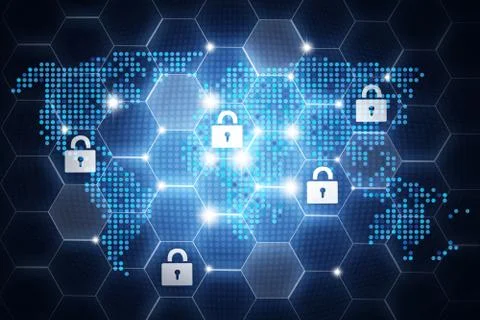 Digital online security design, concept with padlock icons around the globe Stock Photos