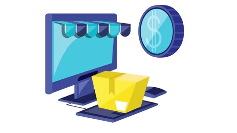 Digital online shopping animation with computer screen store and dollar coi.. Stock Footage 339216700