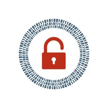 Digital open lock and binary one and zero digits in circle around it. cyber Stock Illustration