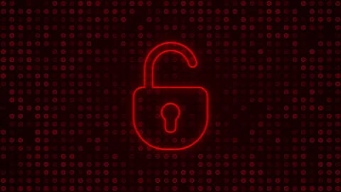 Digital open padlock icon made of moving red particles on tech dots background Stock Footage 239124779