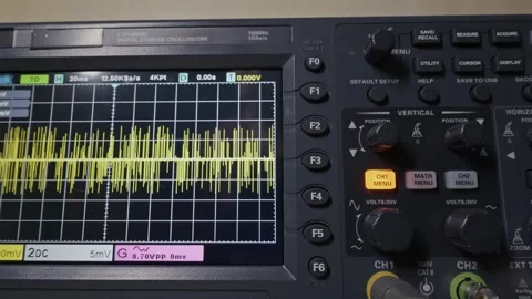 Digital Oscilloscope Displaying Complex Yellow Signal Waveform In Lab Video stock 329682420