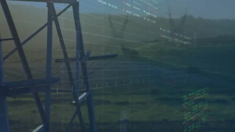 Digital overlay activating right, forming grid chart by tower, plotting 2 Stock Footage 322220918