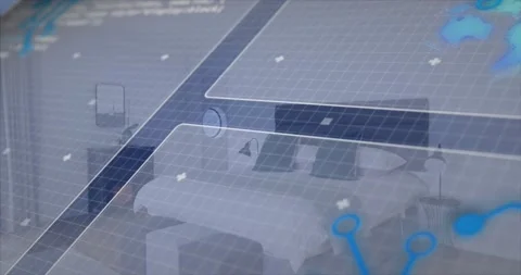 Digital overlay activating on startup, scanning bedroom and mapping bed with HUD Stock Footage 331789340