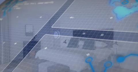 Digital overlay activating on startup, scanning bedroom and mapping bed with HUD Stock Photos
