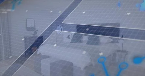 Digital overlay activating on startup, scanning bedroom and mapping bed with HUD Stock Photos