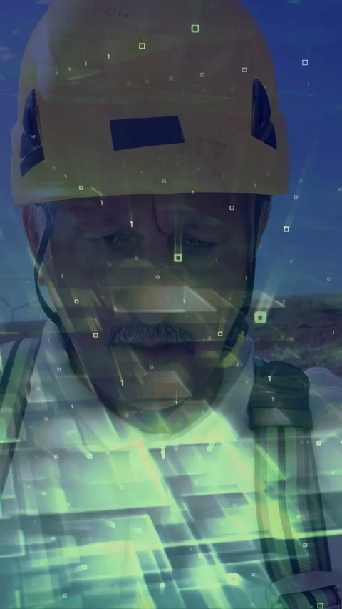 Digital overlay appearing, field tech reading data and glancing up to check Stock Footage 332594391