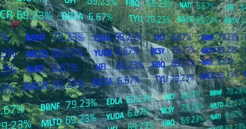 Digital overlay fading over forest falls updating finance tickers per second Stock Footage 329708180