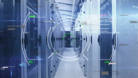 Digital overlay fading in over server corridor centering crosshair, glitch Stock-Footage 312361069