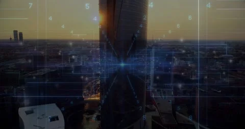 Digital overlay fading in over skyscraper, nodes converging, frames sliding, Stock Footage 320287350