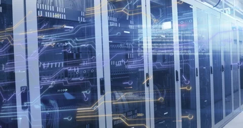 Digital overlay fading on server racks starting data flow while camera panning Stock Footage 313772789