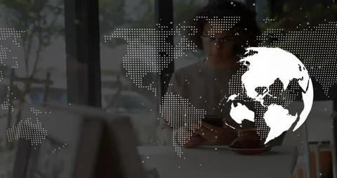 Digital overlay shifting to reveal cafe scene while globe guiding man scrolling Stock Footage 315790777