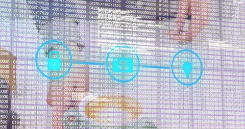Digital overlay showing tech data columns over purple grid, linking folder Stock Footage 307446562