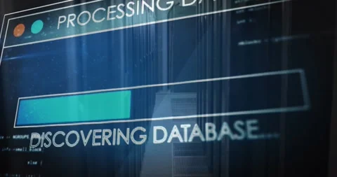 Digital overlay sliding into server corridor, showing progress bar loading data Stock Footage 317185644