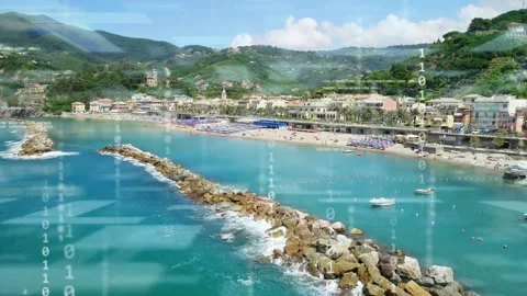 Digital overlays appearing while aerial panning revealing breakwater and beach Stock Footage 333774608