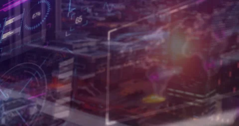 Digital overlays hovering over city skyline, displaying progress HUD, charts and Stock Footage 307464800