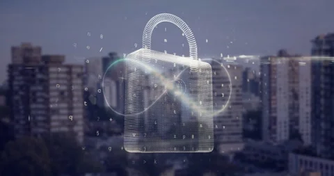 Digital padlock and binary code animation over cityscape background Video stock 306817049