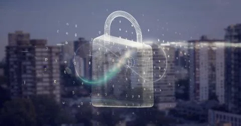 Digital padlock and binary code image over cityscape background Stock Photos