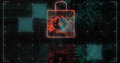 Digital padlock and circuit board, cybersecurity image over futuristic 스톡 일러스트