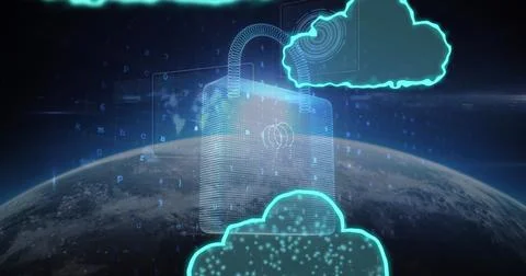 Digital padlock and cloud icons floating above Earth, symbolizing cybersecurity Stockfoto's