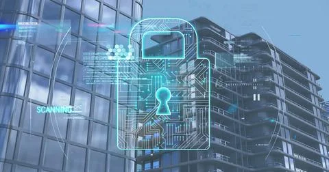 Digital padlock and data security image over modern office buildings Stock Photos