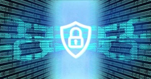 Digital padlock and shield over binary code Foto stock