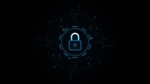 Digital padlock with blue neon outline and geometric circuit pattern on dar.. 動画素材 335826728