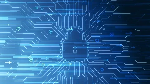 Digital padlock circuit network visual blue technology lines, glowing nodes, sec Stock Footage 340528082