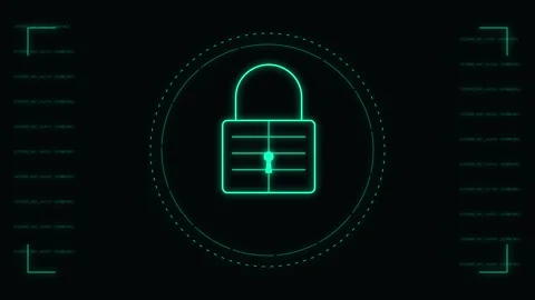 Digital padlock cybersecurity animation with HUD elements Stock Footage 345012534