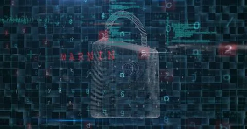 A digital padlock is displayed with WARNING message in red text 写真素材