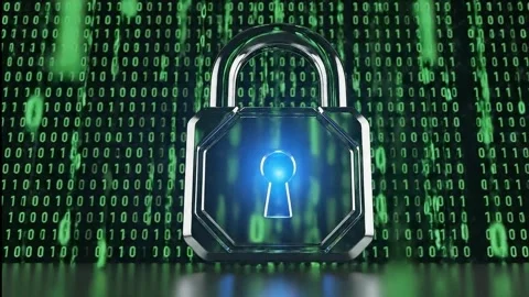 Digital Padlock on Falling Binary Code Background - Cyber Security Concept Stock Footage 321599493