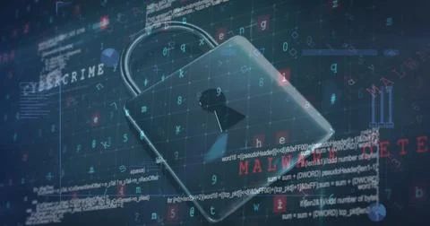 A digital padlock is floating over background filled with code and text Stockfoto's