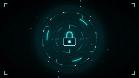 Digital padlock with futuristic circular interface and glowing cyan lines o.. 動画素材 335826723