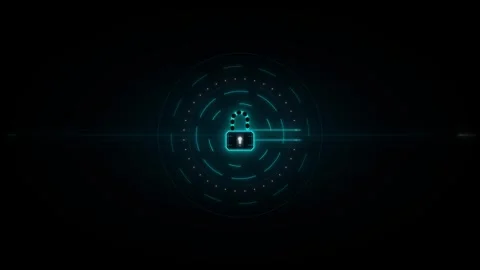 Digital padlock with glowing cyan rings and lines on a dark technological b.. 動画素材 335826435