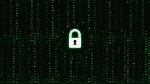 Digital padlock icon animation on dark green matrix code screen background Stock Footage 344248885