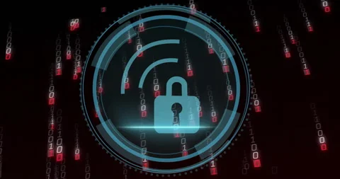 Digital padlock icon with binary code, symbolizing animation of data protection Stock Footage 303870429