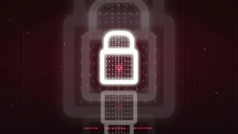 Digital padlock icon with binary code data stream on dark red futuristic cyber Stock Footage 336775337