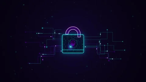 Digital padlock icon with binary data flow animation on dark cyber security.. Stock Footage 345814639