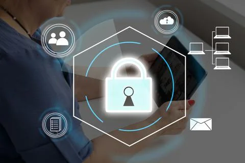 Digital padlock icon, cyber security network and data protection technology on Stock Photos