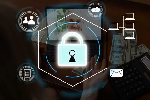 Digital padlock icon, cyber security network and data protection technology on Foto stock