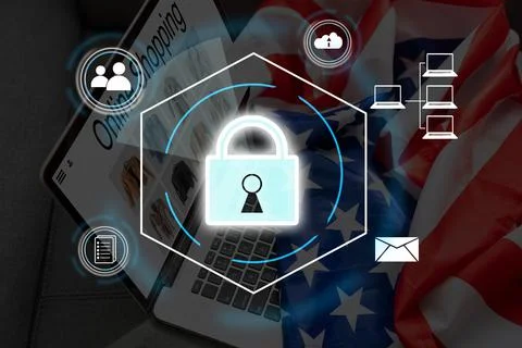 Digital padlock icon, cyber security network and data protection technology on Foto stock